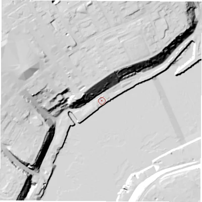 Shaded relief map of the ground around NE301HE, computed from Environment Agency LiDAR. The ground here sits at about 4 m above sea level and falls 39 m across the surrounding 800 m. Surface water reaching this point runs off ground lying to the north-north-east, 23.5 m higher.