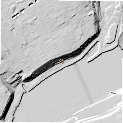 Shaded relief map of the ground around NE301HF, computed from Environment Agency LiDAR. The ground here sits at about 8 m above sea level and falls 39 m across the surrounding 800 m. Surface water reaching this point runs off ground lying to the west-north-west, 22.9 m higher.