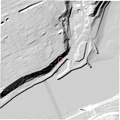 Shaded relief map of the ground around NE301HJ, computed from Environment Agency LiDAR. The ground here sits at about 7 m above sea level and falls 37 m across the surrounding 800 m. Surface water reaching this point runs off ground lying to the west, 25.2 m higher.