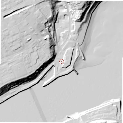 Shaded relief map of the ground around NE301JA, computed from Environment Agency LiDAR. The ground here sits at about 5 m above sea level and falls 36 m across the surrounding 800 m. Surface water reaching this point runs off ground lying to the north-north-east, 29.9 m higher.