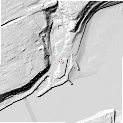 Shaded relief map of the ground around NE301JE, computed from Environment Agency LiDAR. The ground here sits at about 7 m above sea level and falls 38 m across the surrounding 800 m. Surface water reaching this point runs off ground lying to the south-south-west, 2.6 m higher.