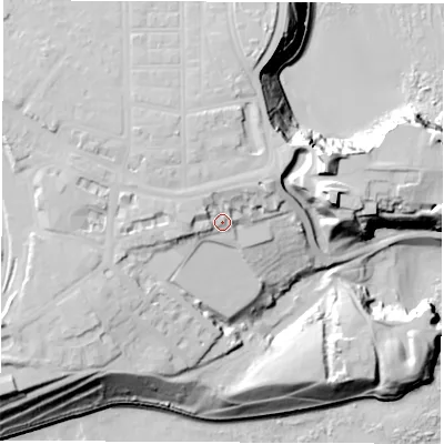 Shaded relief map of the ground around NE304BY, computed from Environment Agency LiDAR. The ground here sits at about 27 m above sea level and falls 43 m across the surrounding 800 m. Surface water reaching this point runs off ground lying to the west-north-west, 6.1 m higher.