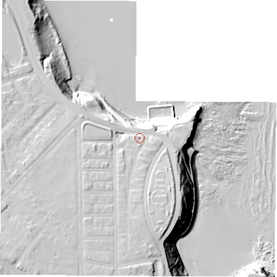 Shaded relief map of the ground around NE304HH, computed from Environment Agency LiDAR. The ground here sits at about 22 m above sea level and falls 36 m across the surrounding 800 m. Surface water reaching this point runs off ground lying to the south-west, 13.5 m higher.