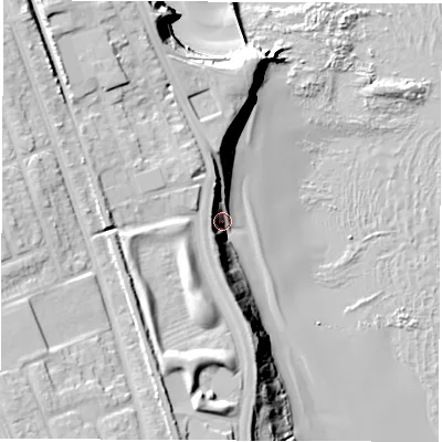 Shaded relief map of the ground around NE304JA, computed from Environment Agency LiDAR. The ground here sits at about 7 m above sea level and falls 33 m across the surrounding 800 m. Surface water reaching this point runs off ground lying to the south-west, 26.9 m higher.