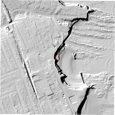 Shaded relief map of the ground around NE304PZ, computed from Environment Agency LiDAR. The ground here sits at about 6 m above sea level and falls 31 m across the surrounding 800 m. Surface water reaching this point runs off ground lying to the south-west, 15.7 m higher.