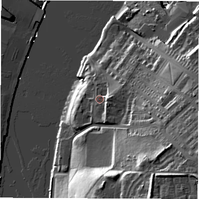Shaded relief map of the ground around NE311EH, computed from Environment Agency LiDAR. The ground here sits at about 12 m above sea level and falls 42 m across the surrounding 800 m. Surface water reaching this point runs off ground lying to the east, 4.7 m higher.