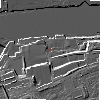 Shaded relief map of the ground around NE311SP, computed from Environment Agency LiDAR. The ground here sits at about 7 m above sea level and falls 34 m across the surrounding 800 m. Surface water reaching this point runs off ground lying to the south, 15.6 m higher.