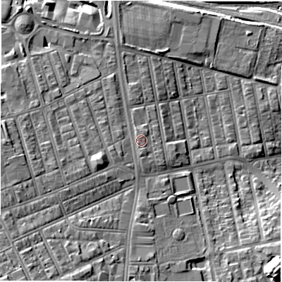 Shaded relief map of the ground around NE31HH, computed from Environment Agency LiDAR. The ground here sits at about 62 m above sea level and falls 17 m across the surrounding 800 m. Surface water reaching this point runs off ground lying to the south, 0.9 m higher.