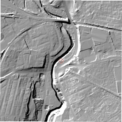Shaded relief map of the ground around NE31SY, computed from Environment Agency LiDAR. The ground here sits at about 46 m above sea level and falls 28 m across the surrounding 800 m. Surface water reaching this point runs off ground lying to the west, 17.9 m higher.