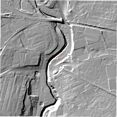 Shaded relief map of the ground around NE31TA, computed from Environment Agency LiDAR. The ground here sits at about 45 m above sea level and falls 27 m across the surrounding 800 m. Surface water reaching this point runs off ground lying to the east-north-east, 16.3 m higher.