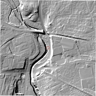 Shaded relief map of the ground around NE31TB, computed from Environment Agency LiDAR. The ground here sits at about 46 m above sea level and falls 23 m across the surrounding 800 m. Surface water reaching this point runs off ground lying to the east-south-east, 16.4 m higher.