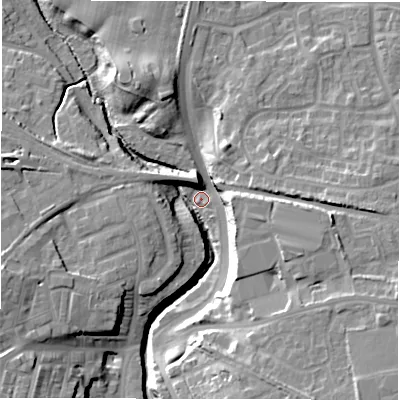 Shaded relief map of the ground around NE31TD, computed from Environment Agency LiDAR. The ground here sits at about 45 m above sea level and falls 20 m across the surrounding 800 m. Surface water reaching this point runs off ground lying to the east, 15.3 m higher.