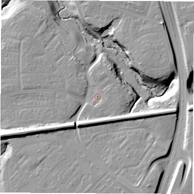 Shaded relief map of the ground around NE324EE, computed from Environment Agency LiDAR. The ground here sits at about 22 m above sea level and falls 26 m across the surrounding 800 m. Surface water reaching this point runs off ground lying to the east-south-east, 2.5 m higher.