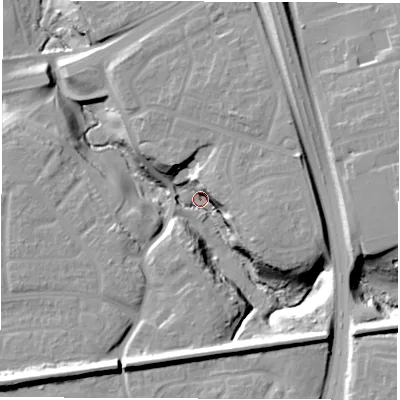 Shaded relief map of the ground around NE324EL, computed from Environment Agency LiDAR. The ground here sits at about 9 m above sea level and falls 26 m across the surrounding 800 m. Surface water reaching this point runs off ground lying to the south-west, 24.0 m higher.