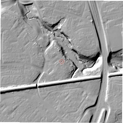 Shaded relief map of the ground around NE324EQ, computed from Environment Agency LiDAR. The ground here sits at about 21 m above sea level and falls 26 m across the surrounding 800 m. Surface water reaching this point runs off ground lying to the south, 3.0 m higher.