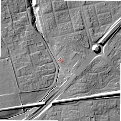 Shaded relief map of the ground around NE325YS, computed from Environment Agency LiDAR. The ground here sits at about 30 m above sea level and falls 15 m across the surrounding 800 m. Surface water reaching this point runs off ground lying to the east, 0.5 m higher.