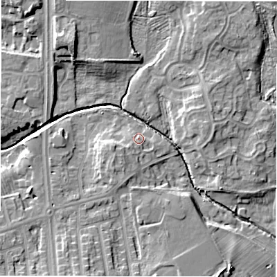 Shaded relief map of the ground around NE32DN, computed from Environment Agency LiDAR. The ground here sits at about 50 m above sea level and falls 11 m across the surrounding 800 m. Surface water reaching this point runs off ground lying to the south-west, 4.3 m higher.