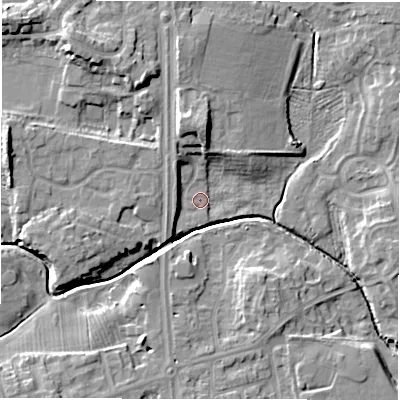 Shaded relief map of the ground around NE32DP, computed from Environment Agency LiDAR. The ground here sits at about 48 m above sea level and falls 11 m across the surrounding 800 m. Surface water reaching this point runs off ground lying to the north, 7.7 m higher.