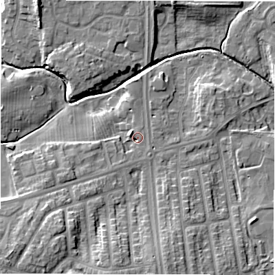 Shaded relief map of the ground around NE32DR, computed from Environment Agency LiDAR. The ground here sits at about 51 m above sea level and falls 13 m across the surrounding 800 m. Surface water reaching this point runs off ground lying to the west-north-west, 3.4 m higher.