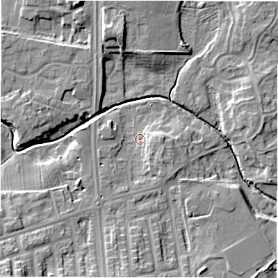 Shaded relief map of the ground around NE32DU, computed from Environment Agency LiDAR. The ground here sits at about 49 m above sea level and falls 11 m across the surrounding 800 m. Surface water reaching this point runs off ground lying to the south-west, 7.9 m higher.