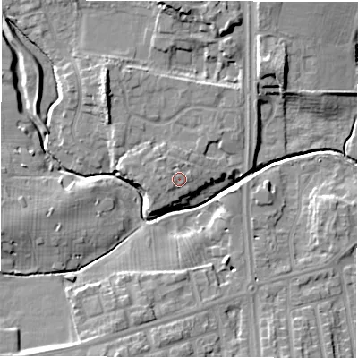 Shaded relief map of the ground around NE32DX, computed from Environment Agency LiDAR. The ground here sits at about 52 m above sea level and falls 10 m across the surrounding 800 m. Surface water reaching this point runs off ground lying to the west, 1.4 m higher.