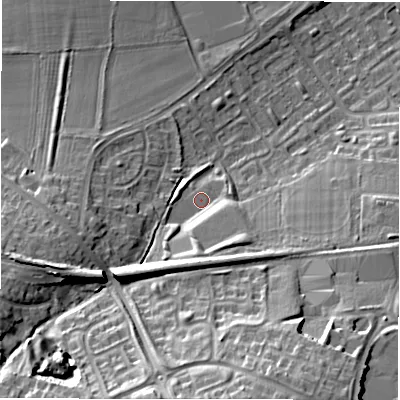Shaded relief map of the ground around NE32EL, computed from Environment Agency LiDAR. The ground here sits at about 67 m above sea level and falls 26 m across the surrounding 800 m. Surface water reaching this point runs off ground lying to the south-south-east, 5.8 m higher.