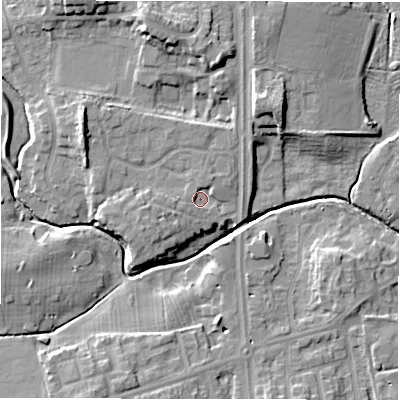Shaded relief map of the ground around NE32JP, computed from Environment Agency LiDAR. The ground here sits at about 50 m above sea level and falls 11 m across the surrounding 800 m. Surface water reaching this point runs off ground lying to the north-north-east, 1.7 m higher.
