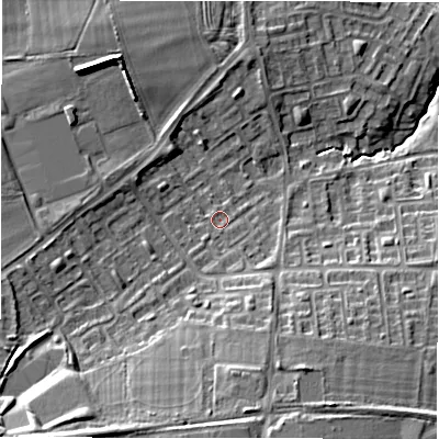 Shaded relief map of the ground around NE32UF, computed from Environment Agency LiDAR. The ground here sits at about 61 m above sea level and falls 18 m across the surrounding 800 m. Surface water reaching this point runs off ground lying to the south-south-east, 3.5 m higher.