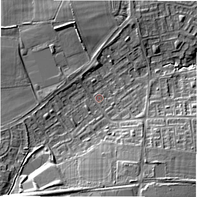 Shaded relief map of the ground around NE32UH, computed from Environment Agency LiDAR. The ground here sits at about 62 m above sea level and falls 18 m across the surrounding 800 m. Surface water reaching this point runs off ground lying to the south-west, 14.1 m higher.
