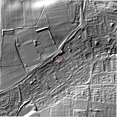 Shaded relief map of the ground around NE32UJ, computed from Environment Agency LiDAR. The ground here sits at about 61 m above sea level and falls 14 m across the surrounding 800 m. Surface water reaching this point runs off ground lying to the west-south-west, 2.5 m higher.