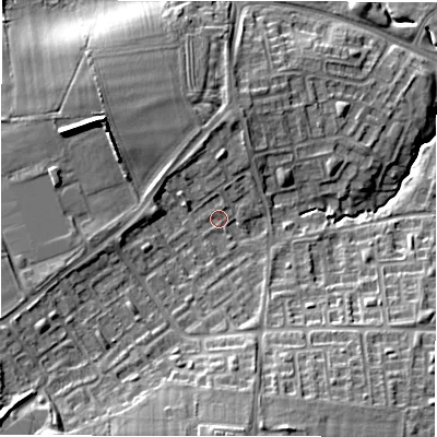 Shaded relief map of the ground around NE32UL, computed from Environment Agency LiDAR. The ground here sits at about 60 m above sea level and falls 16 m across the surrounding 800 m. Surface water reaching this point runs off ground lying to the south, 9.5 m higher.