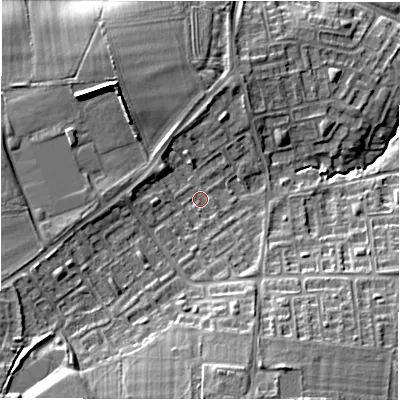 Shaded relief map of the ground around NE32UQ, computed from Environment Agency LiDAR. The ground here sits at about 61 m above sea level and falls 15 m across the surrounding 800 m. Surface water reaching this point runs off ground lying to the south-south-west, 9.9 m higher.