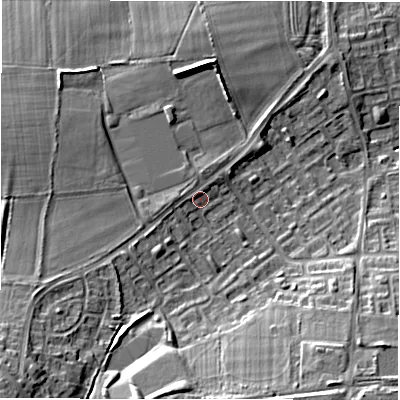 Shaded relief map of the ground around NE32UU, computed from Environment Agency LiDAR. The ground here sits at about 63 m above sea level and falls 17 m across the surrounding 800 m. Surface water reaching this point runs off ground lying to the west-north-west, 1.5 m higher.