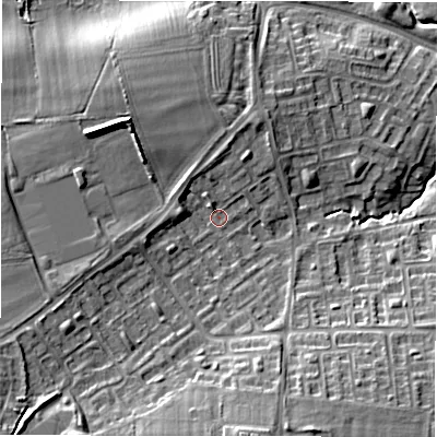 Shaded relief map of the ground around NE32UW, computed from Environment Agency LiDAR. The ground here sits at about 60 m above sea level and falls 16 m across the surrounding 800 m. Surface water reaching this point runs off ground lying to the south, 9.3 m higher.