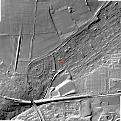 Shaded relief map of the ground around NE32UY, computed from Environment Agency LiDAR. The ground here sits at about 65 m above sea level and falls 19 m across the surrounding 800 m. Surface water reaching this point runs off ground lying to the west-south-west, 9.8 m higher.