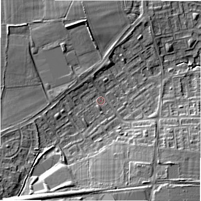 Shaded relief map of the ground around NE32XB, computed from Environment Agency LiDAR. The ground here sits at about 62 m above sea level and falls 19 m across the surrounding 800 m. Surface water reaching this point runs off ground lying to the south-west, 15.0 m higher.