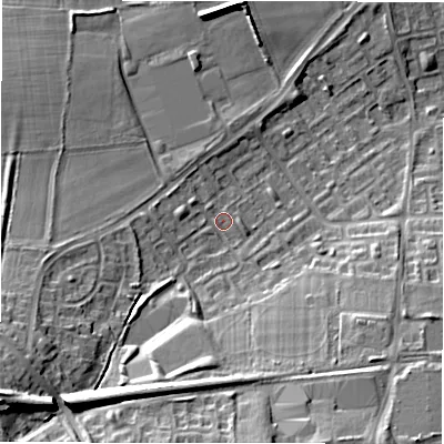 Shaded relief map of the ground around NE32XD, computed from Environment Agency LiDAR. The ground here sits at about 63 m above sea level and falls 19 m across the surrounding 800 m. Surface water reaching this point runs off ground lying to the south-west, 15.0 m higher.