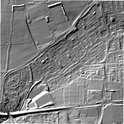 Shaded relief map of the ground around NE32XE, computed from Environment Agency LiDAR. The ground here sits at about 63 m above sea level and falls 20 m across the surrounding 800 m. Surface water reaching this point runs off ground lying to the south-south-west, 1.4 m higher.