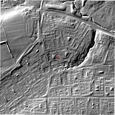 Shaded relief map of the ground around NE32XR, computed from Environment Agency LiDAR. The ground here sits at about 60 m above sea level and falls 15 m across the surrounding 800 m. Surface water reaching this point runs off ground lying to the north-west, 3.3 m higher.