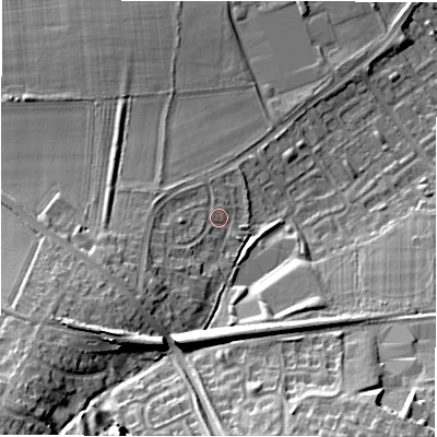 Shaded relief map of the ground around NE32YB, computed from Environment Agency LiDAR. The ground here sits at about 67 m above sea level and falls 23 m across the surrounding 800 m. Surface water reaching this point runs off ground lying to the south-west, 4.8 m higher.