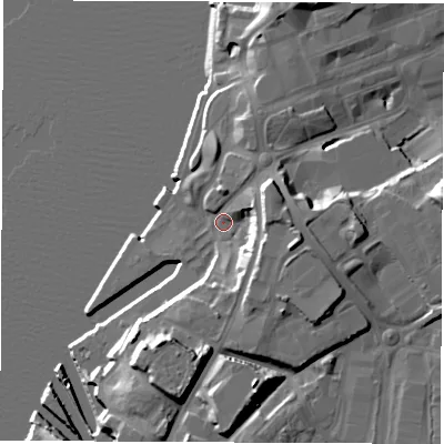 Shaded relief map of the ground around NE331EQ, computed from Environment Agency LiDAR. The ground here sits at about 5 m above sea level and falls 19 m across the surrounding 800 m. Surface water reaching this point runs off ground lying to the east-south-east, 13.4 m higher.