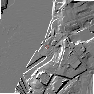 Shaded relief map of the ground around NE331ES, computed from Environment Agency LiDAR. The ground here sits at about 4 m above sea level and falls 19 m across the surrounding 800 m. Surface water reaching this point runs off ground lying to the east-south-east, 13.7 m higher.