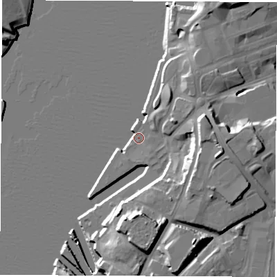 Shaded relief map of the ground around NE331EX, computed from Environment Agency LiDAR. The ground here sits at about 4 m above sea level and falls 19 m across the surrounding 800 m. Surface water reaching this point runs off ground lying to the east-south-east, 17.1 m higher.