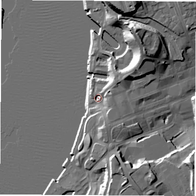 Shaded relief map of the ground around NE331JR, computed from Environment Agency LiDAR. The ground here sits at about 5 m above sea level and falls 26 m across the surrounding 800 m. Surface water reaching this point runs off ground lying to the north-east, 8.1 m higher.