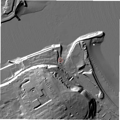 Shaded relief map of the ground around NE331LH, computed from Environment Agency LiDAR. The ground here sits at about 5 m above sea level and falls 31 m across the surrounding 800 m. Surface water reaching this point runs off ground lying to the west-south-west, 3.7 m higher.