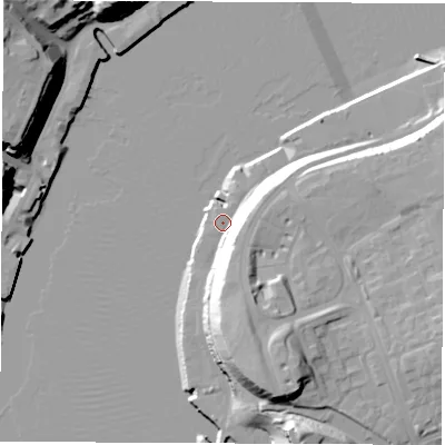 Shaded relief map of the ground around NE331LQ, computed from Environment Agency LiDAR. The ground here sits at about 4 m above sea level and falls 29 m across the surrounding 800 m. Surface water reaching this point runs off ground lying to the south-south-east, 14.9 m higher.