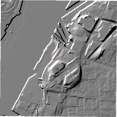 Shaded relief map of the ground around NE331RS, computed from Environment Agency LiDAR. The ground here sits at about 11 m above sea level and falls 21 m across the surrounding 800 m. Surface water reaching this point runs off ground lying to the south-south-east, 10.1 m higher.