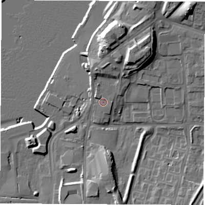 Shaded relief map of the ground around NE331RZ, computed from Environment Agency LiDAR. The ground here sits at about 8 m above sea level and falls 22 m across the surrounding 800 m. Surface water reaching this point runs off ground lying to the north-north-east, 13.7 m higher.