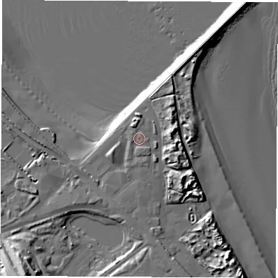 Shaded relief map of the ground around NE332JZ, computed from Environment Agency LiDAR. The ground here sits at about 6 m above sea level and falls 24 m across the surrounding 800 m. Surface water reaching this point runs off ground lying to the north-north-west, 1.3 m higher.
