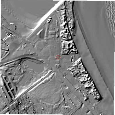 Shaded relief map of the ground around NE332LA, computed from Environment Agency LiDAR. The ground here sits at about 6 m above sea level and falls 29 m across the surrounding 800 m. Surface water reaching this point runs off ground lying to the west-south-west, 1.1 m higher.